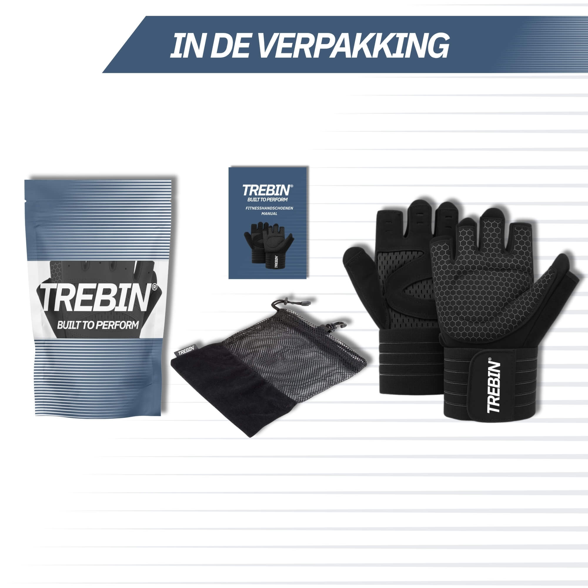 Trebin Fitnesshandschoenen met Polsband - Inclusief Mesh Opbergzakje - Zwart