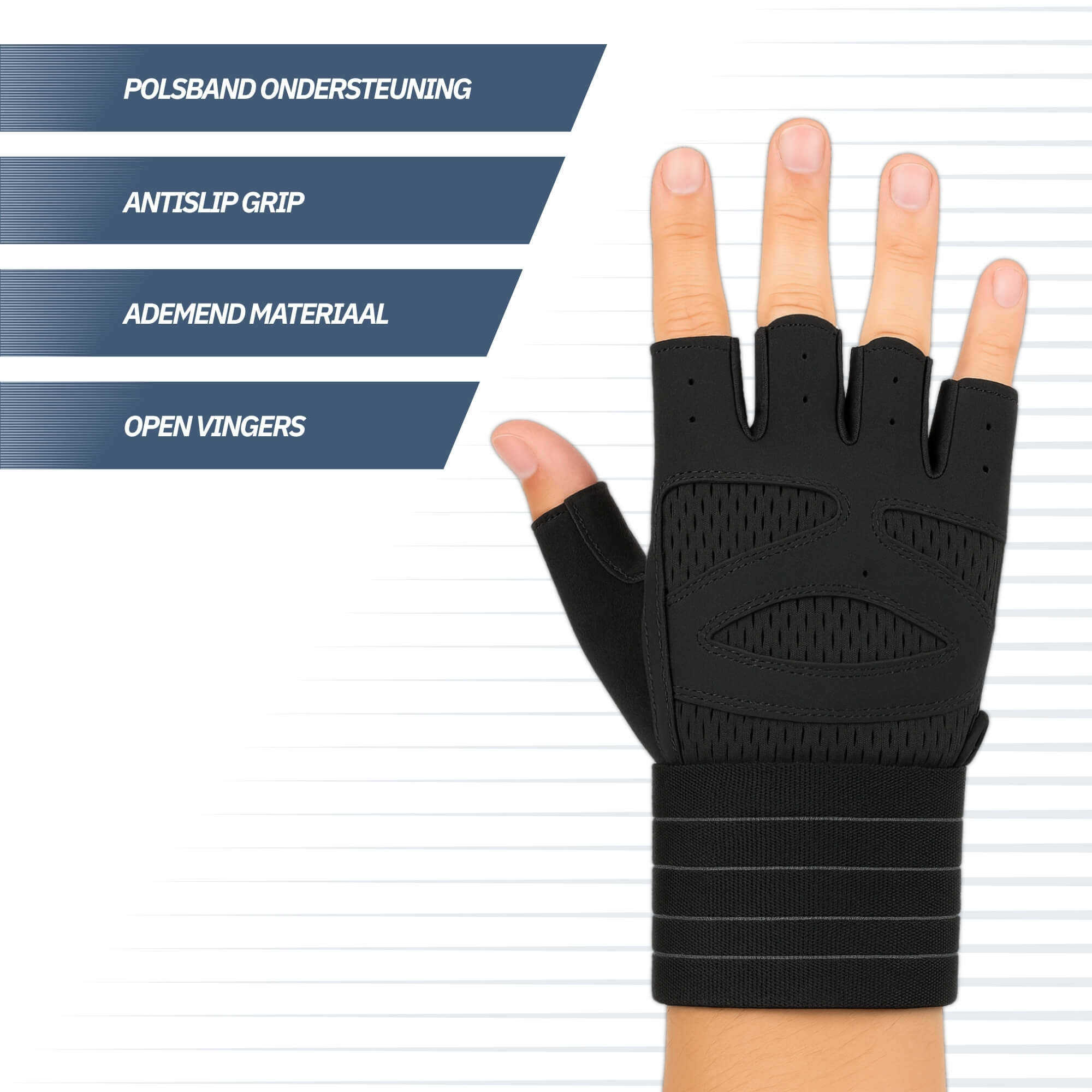 Trebin Fitnesshandschoenen met Polsband - Inclusief Mesh Opbergzakje - Zwart