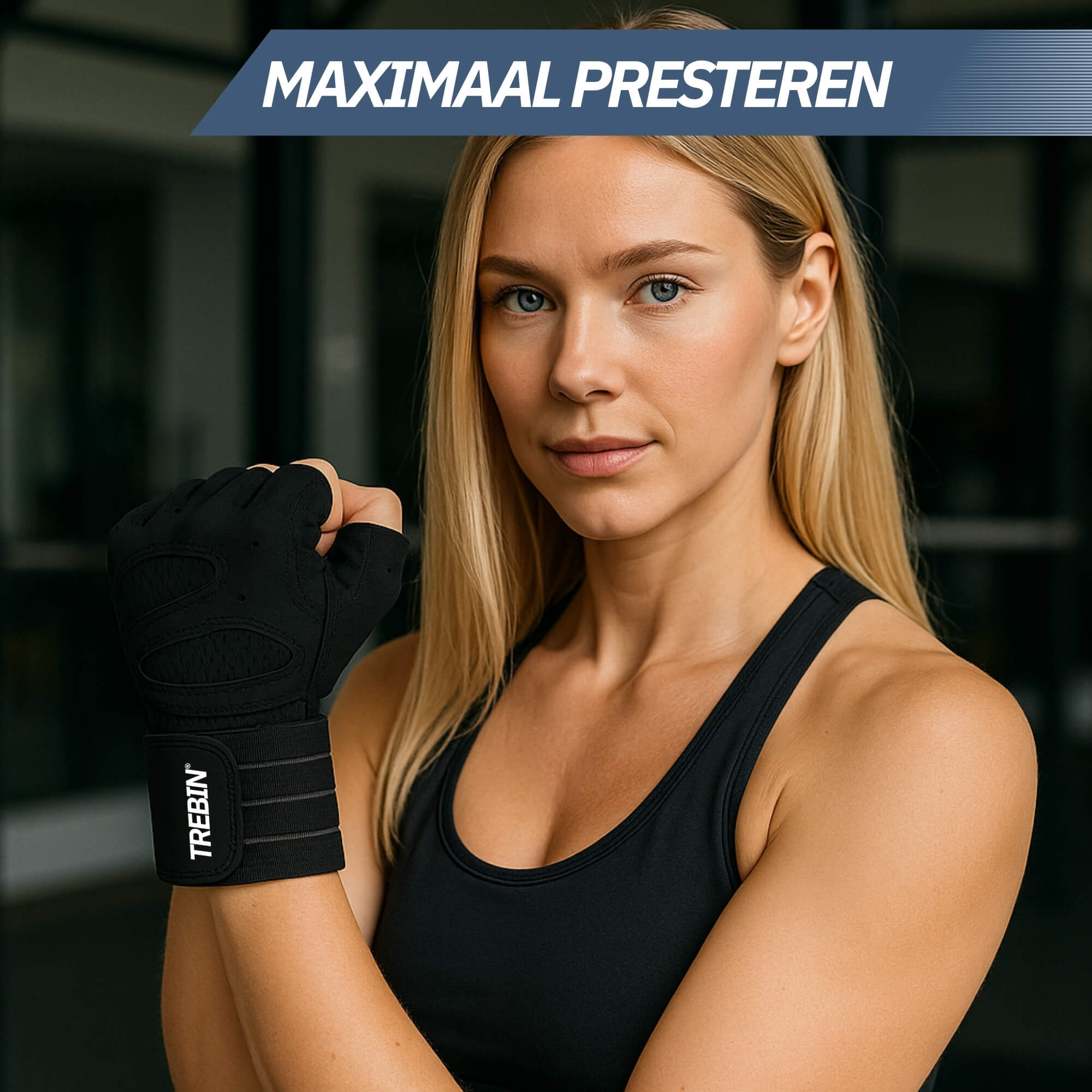 Trebin Fitnesshandschoenen met Polsband - Inclusief Mesh Opbergzakje - Zwart