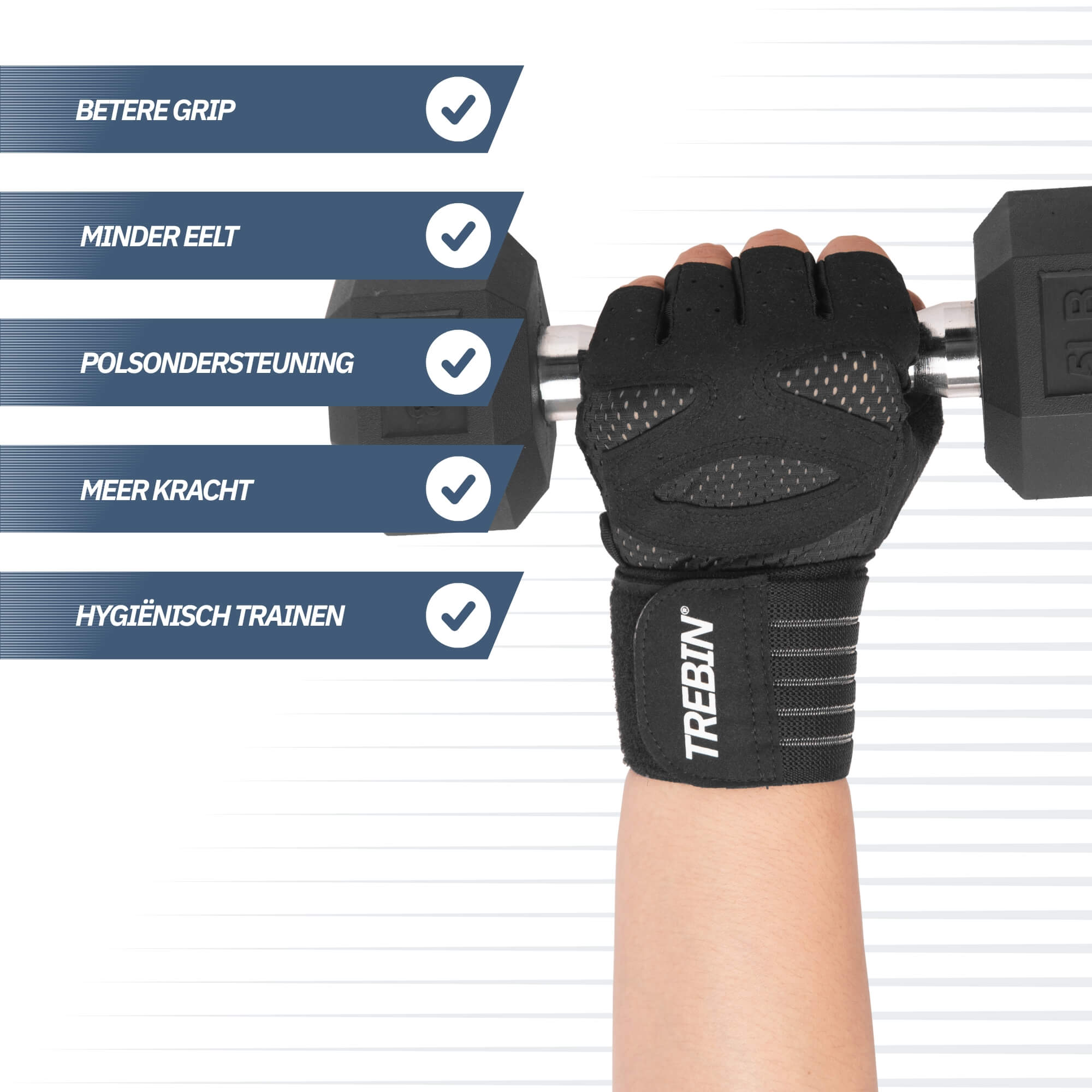 Trebin Fitnesshandschoenen met Polsband - Inclusief Mesh Opbergzakje - Zwart