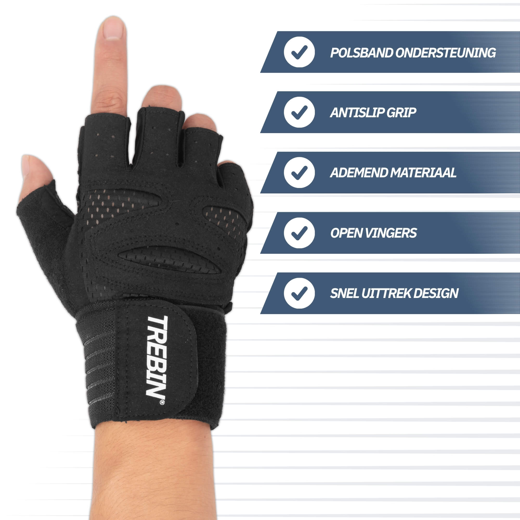 Trebin Fitnesshandschoenen met Polsband - Inclusief Mesh Opbergzakje - Zwart